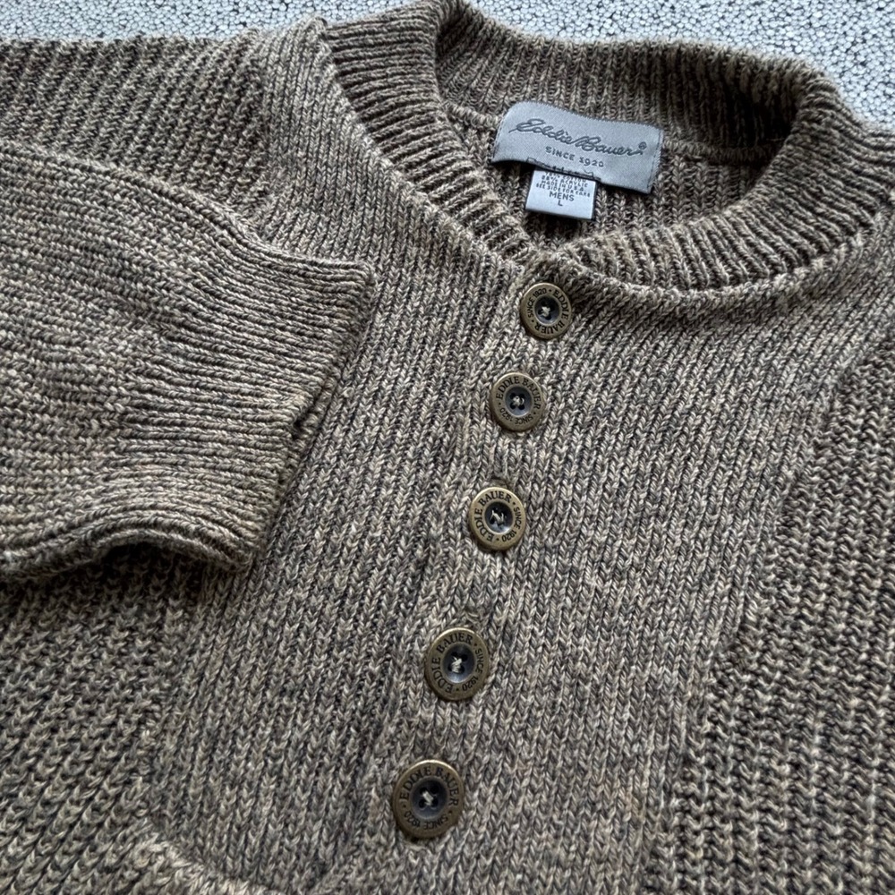 Vintage USA Eddie Bauer Mens L Button Henley‎ Sweater Brown Knit Granola Chunky